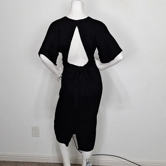 Topshop Black Ribbed Knit W/Open Back Bow Tie Midi Cocktail Dress Size US 6 - Picture 5 of 13